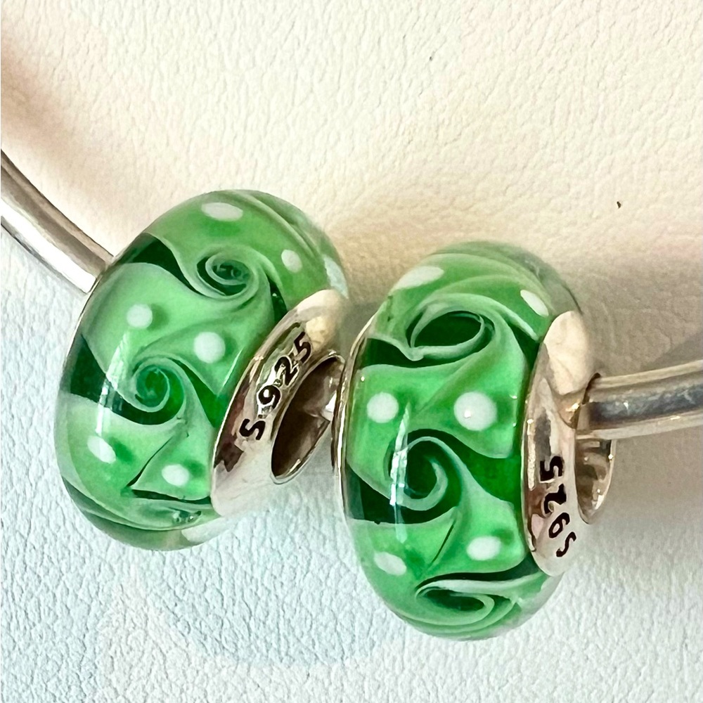 2 Charms for Pandora green land Authentic Murano charms 925 sterling silver core